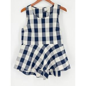 HD in Paris Anthropologie Gingham Peplum Top Tunic Navy Blue White Size 8 Summer